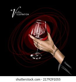 A glass of red wine splashing in the fall. Realistic vector image.