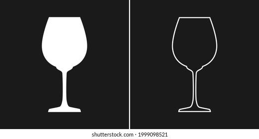 Glass red wine. Two types of images. Contour line art in flat style. Silhouette wine glasses on a black background. Restaurant alcoholic illustration for celebration design. Beverage outline icon.
