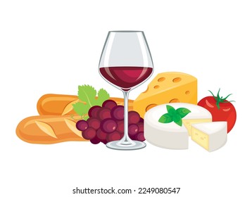 Vidrio de vino tinto y varios tipos de queso aún vectores de vida. Vino rojo, uvas, camembert, emmental, baguette apetitoicono vector aislado en fondo blanco