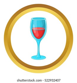 Glass of red wine vector icon in golden circle, cartoon style isolated on white background