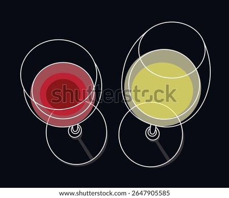 glass of red wine and glass of white wine isolated on black background, top view flat lay style line illustration with copy space for text	