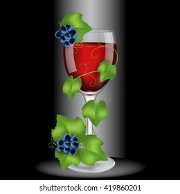 Glass of red wine wrapped vine. High quality vector
