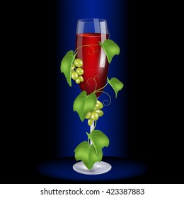 Glass of red wine wrapped vine. High quality vector