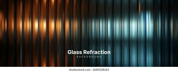Fondo de refracción de vidrio con patrón metálico de Vertical y luz colorida. Superficie reflectante para diseño abstracto.