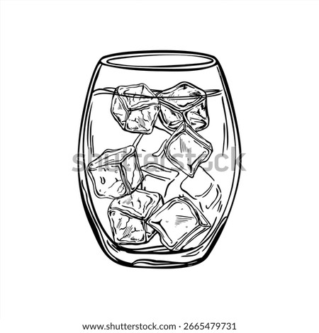 Glass with refreshing drink and ice cubes monochrome vector illustration painted by black inks. Cold soda, tonic or water shot etching drawing. Pure beverage for bar menus, healthy lifestyle poster.