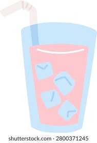 Glass of refreshing drink with straw and clinking ice cubes in a clean cartoon style. Symbol of summer refreshment, thirst quench, and pool party vibes. Cartoon vector illustration.
