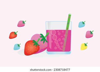 A glass of a refreshing strawberry cocktail with a straw. Background from strawberries