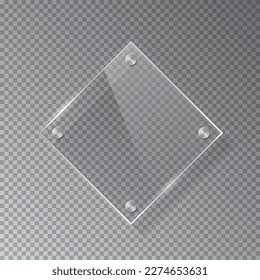 Glass rhombus shape plate isolated on transparent background. Vector realistic acrylic frame with steel rivets.