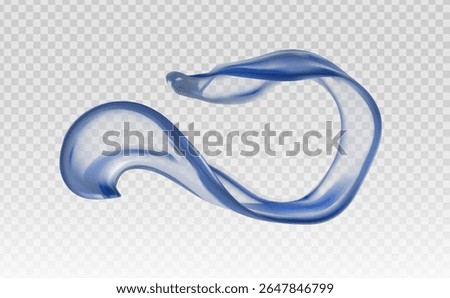Glass ribbon with 3d liquid shape and abstract fluid background. Gradient element blends transparent holographic wave with purple iridescent design.