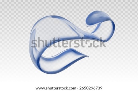 Glass ribbon with 3d liquid shape and abstract fluid background. Gradient element blends transparent holographic wave with purple iridescent design.
