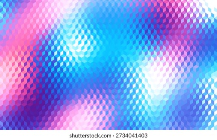 Glasrippeltextur mit blauem Farbverlauf-Hintergrund und lebhaftem rosa, blauem und weißem Licht, das glüht. Kleine Würfel Textur, launisch abstraktes Leuchten, Reedtexturunschärfe. Vektorgrafik