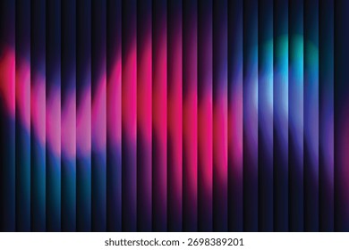 Textura ondulada de vidro com fundo de gradiente escuro e listras de luz vívidas e coloridas. Distorção futurista, brilho abstrato temperamental,