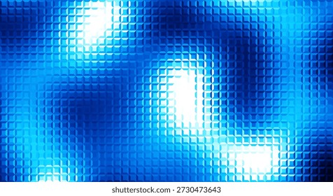 Glass ripple texture with dark gradient background and vivid blue, and white light glowing. Futuristic distortion, moody abstract glow, reeded textured blur. Vector illustration