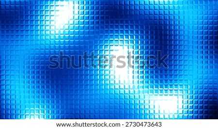 Glass ripple texture with dark gradient background and vivid blue, and white light glowing. Futuristic distortion, moody abstract glow, reeded textured blur. Vector illustration