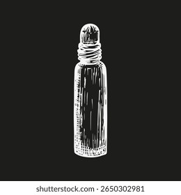 Glass roller bottle sketch illustration. Grass jar for liquid essential oils, natural cosmetics. Hand-drawn outline clipart in engraving style, vector line art drawing