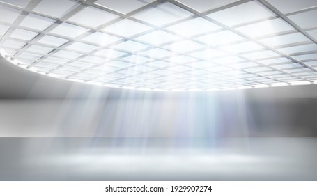 Glass roof indoors in a modern high-rise building. Empty illuminated hall. Modern office room. Vector illustration.