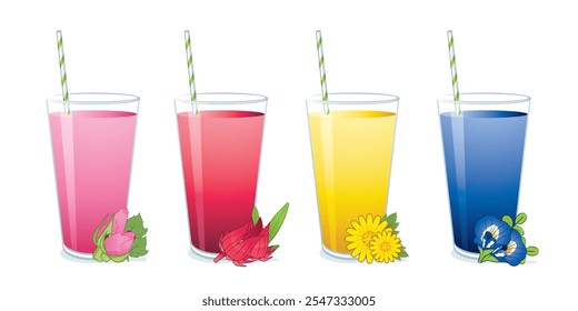 Glas Rosensaft, Roselsaft, Chrysanthemum-Tee, Schmetterlingserbensaft mit Blüte und Blatt einzeln auf weißem Hintergrund.