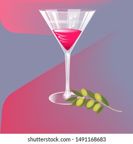 Glass of rose wine, transparent, branch of olives - abstract pink purple background - vector.