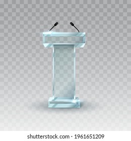 Glass Rostrum Speech Stand. Transparent Podium With A Microphone. Conference Stage. Vector Illustration