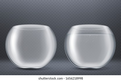 Glas rundes Aquarium leer und voller Wasser einzeln auf transparentem Hintergrund. Vektorillustration realistisches Muster von klaren Fischschüssel für Goldfische, Wassertier. Glasschüssel, Vase