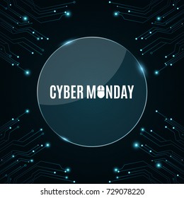 Glass round banner. High-tech background from a computer circuit board for a cyber sale Monday. Luminous blue banner. Great sale. Glowing neon blue connectors. Vector illustration