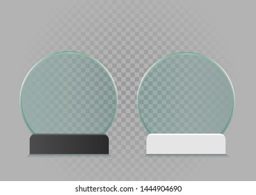 Glass round banner template set with black and white holder on gray background. Glossy frame board