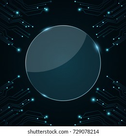 Glass round banner for your projects. Computer circuit board. Luminous connectors are blue. Sci-fi technologies. Vector illustration