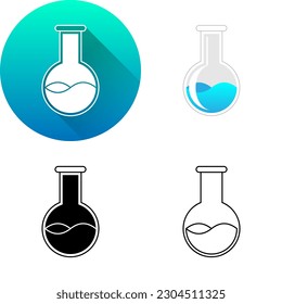 Glass Round Bottom Flask Laboratory Equipment, Set of Flat Long Shadow, Color, Black-White Silhouette, Line Art Icon Symbol Logo Isolated on White Background