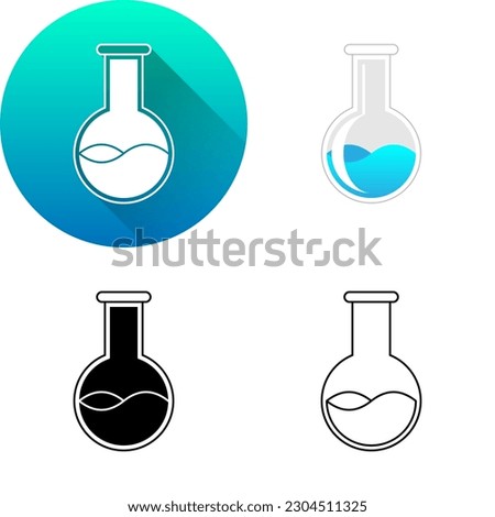 Glass Round Bottom Flask Laboratory Equipment, Set of Flat Long Shadow, Color, Black-White Silhouette, Line Art Icon Symbol Logo Isolated on White Background