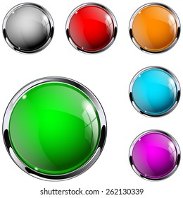 Glass round button. Colored set of web icon. Vector Illustration isolated on white background.