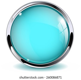Glass round button, marine blue  web  icon with metallic frame. Vector Illustration isolated on white background.