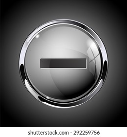 Glass round button. Shiny Grey web icon MINUS with metallic frame. Vector Illustration on dark background.