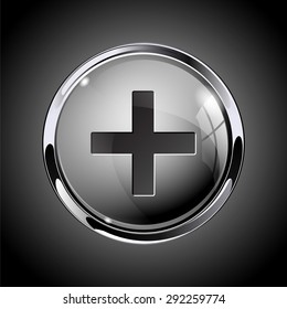Glass round button. Shiny Grey web icon PLUS with metallic frame. Vector Illustration on dark background.