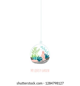 Glass Round terrarium with a set of succulents and cactus. Postcard with a vector illustration