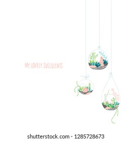 Glass Round terrarium with a set of succulents and cactus. Postcard with a vector illustration