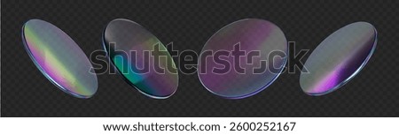 Glass round transparent plate set. Circle shape lens light holographic gradient effect. Clear glossy disk, badge, lens, crystal element glass material. Vector realistic morphism illustration