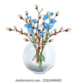 Glass round transparent vase with a bouquet of willow branches with a fluffy catkin and blue flowers - a postcard for the spring holidays