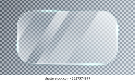 Glas afgeronde rechthoekige paneel met glanzende reflecties en gloeiende randen. Schoon en elegant ontwerp. Glansplaat. Spiegelframe. Plastic mockup. Digitale knop. Acryl, plexiglas. Vectorillustratie.