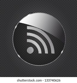 Glass rss button icon on metal background. Vector illustration