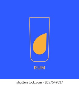 Glass rum with a drop of drink inside. Contour line art in flat style. Restaurant alcoholic illustration for celebration design. Beverage outline icon. Isolated on color background. Vector.