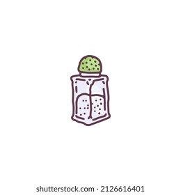 Glass salt shaker in hand drawn doodle style, vector illustration isolated on white background. Kitchen tool for food seasoning.