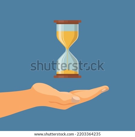 Glass sand clock, hand hold hourglass illustration. Patience, countdown time on watch, business man work in deadline. Traditional vintage hour measure instrument. Vector flat concept