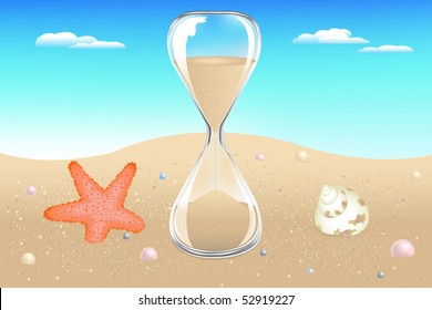 Reloj De Arena De Vidrio A Orillas Del Mar Con Pescado De Espada, Cáscara Y Perlas