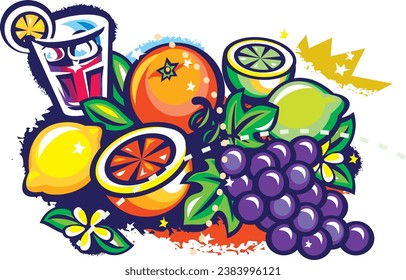 A glass of Sangria with a bunch of fruits in bright colors and bold line work.