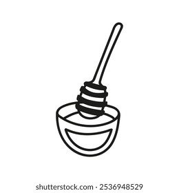 Glass sauce pan honey with dipper and liquid dripping honey. Hand drawn doodle illustration.