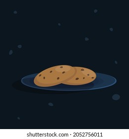 Glass saucer with chocolate chip cookies. Flat style on dark blue background. Elements for web design.