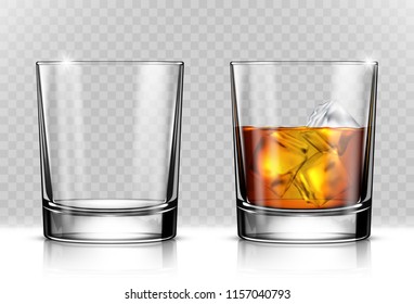 Glass of scotch whiskey and ice on transparent background