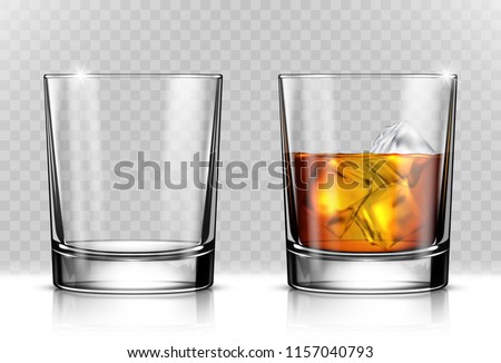 Glass of scotch whiskey and ice on transparent background