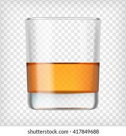 Glass of scotch whiskey. Shot of alcohol. Short glass with beverage. Transparent  photo realistic vector illustration. 
