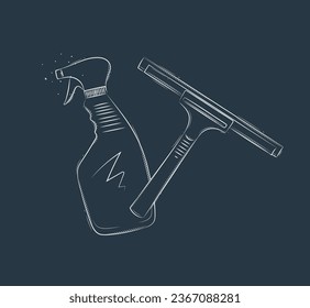 Glass scraper and cleaner drawing in graphic style on blue background